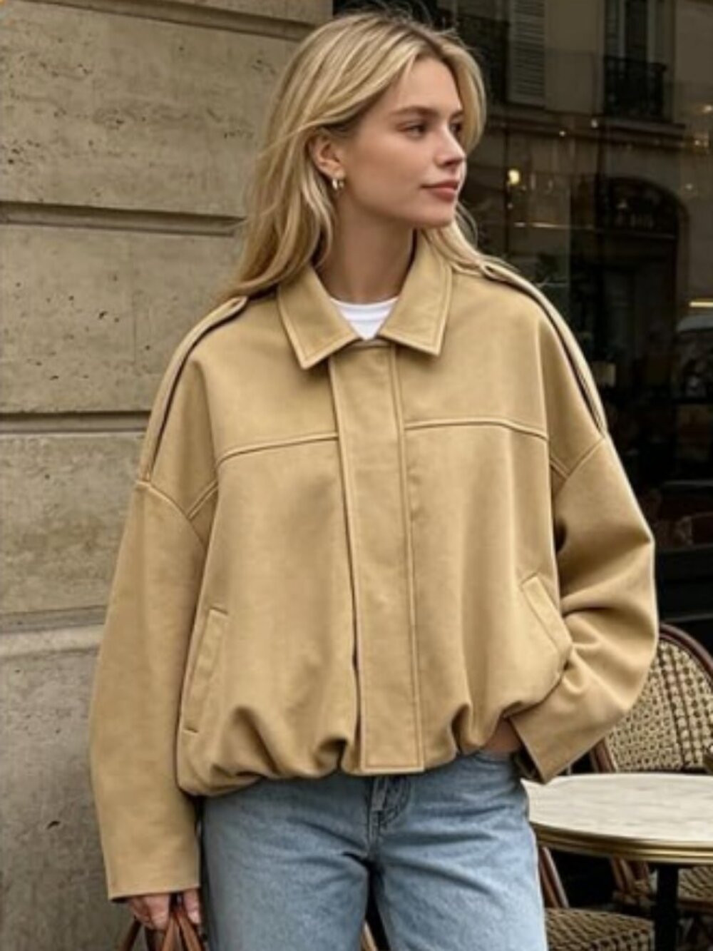 Womens Cropped Faux Suede Bomber Jacket - Tan